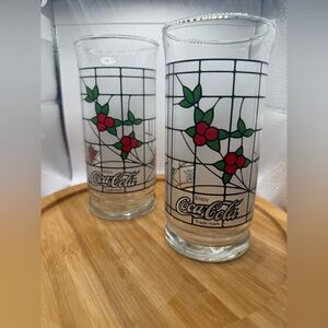 Vintage Coca Cola Christmas Tumbler Stained Glass, Holly Berries,  6" tall